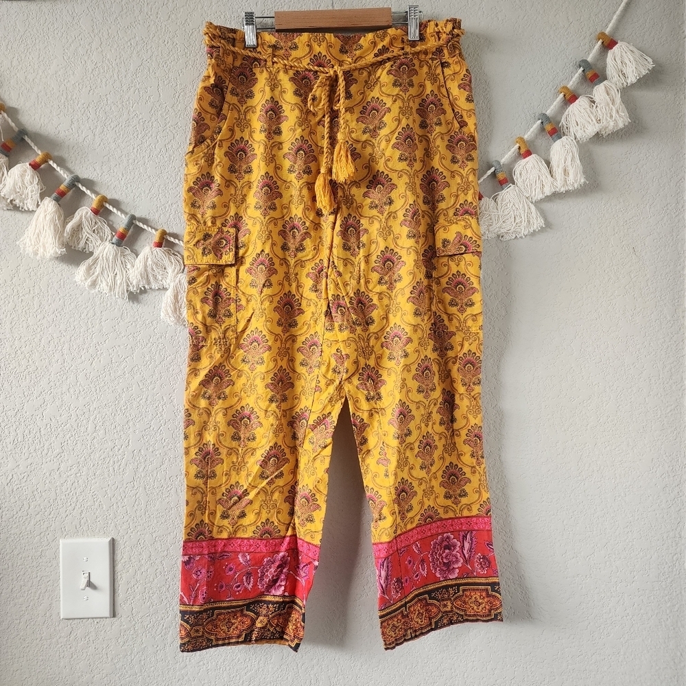 Sundance Yellow Floral Ankle Pants with Pink Trim